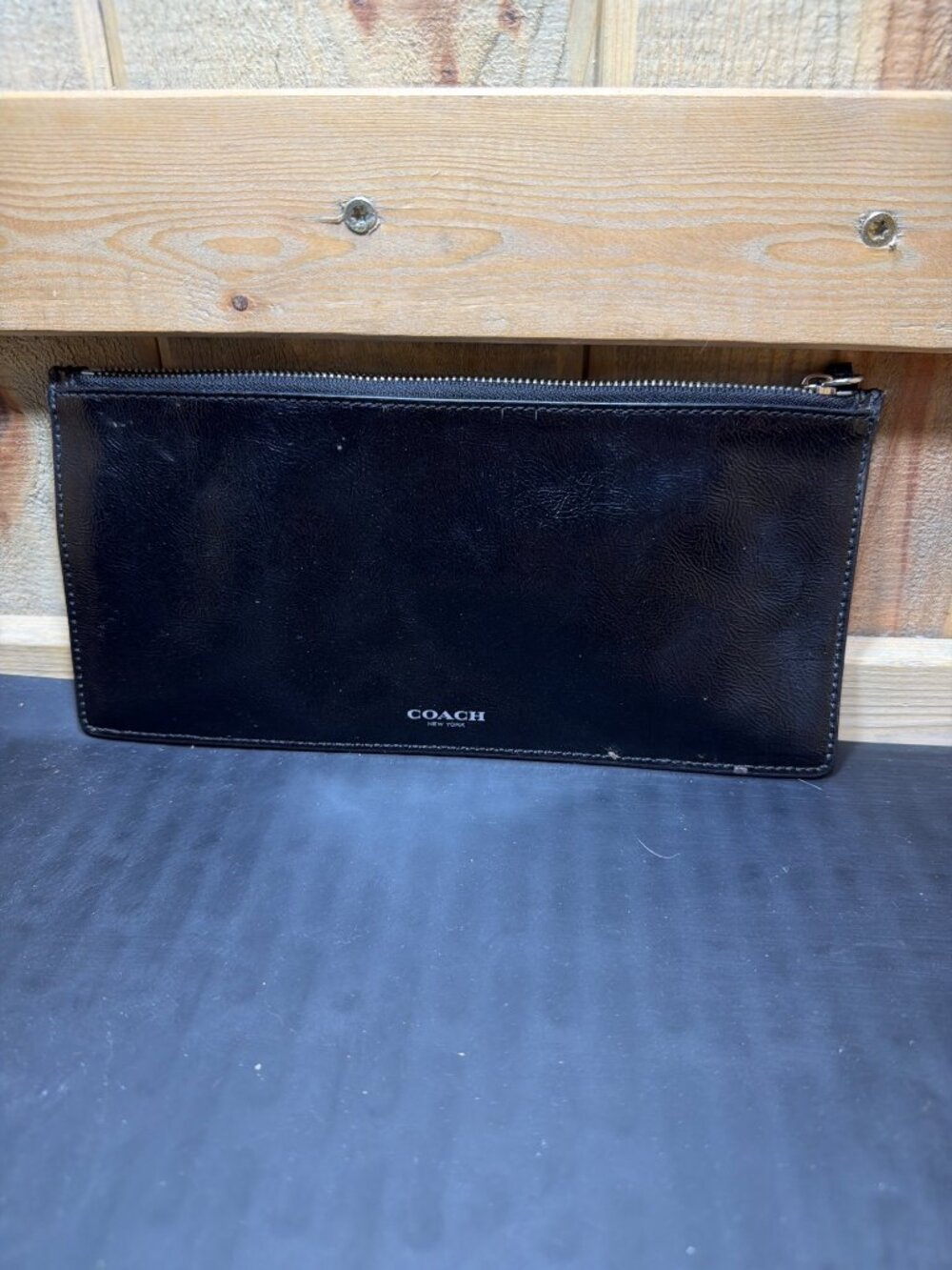 Coach Black Crinkled Patent Leather Zip Pouch Money Wallet Womens Flat Clutch